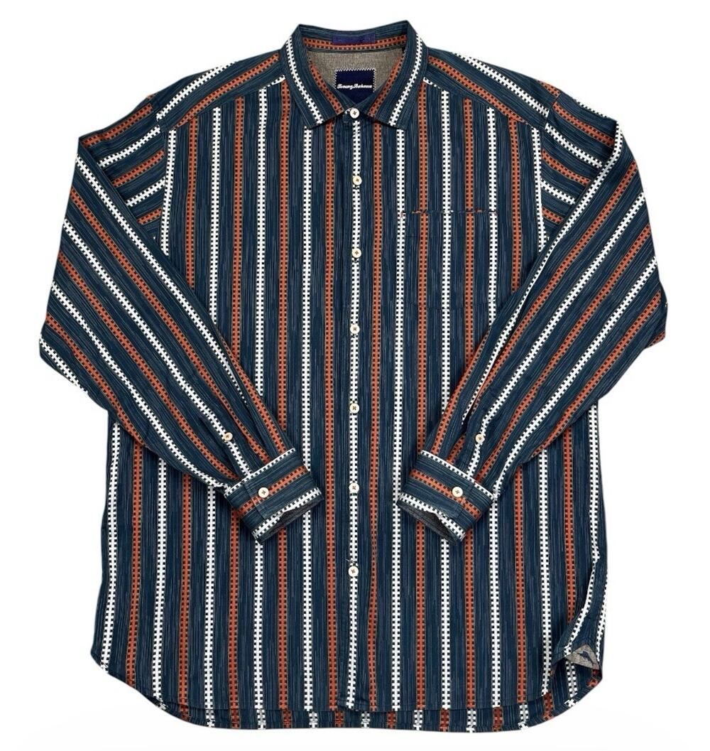 Tommy Bahama Cotton Shirt L Blue Geometric Woven Stripe Long Sleeve
